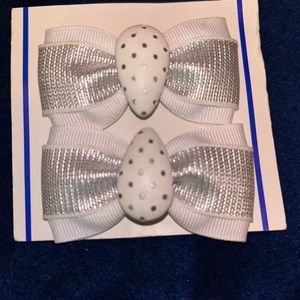 Vintage white/silver almond bow shoe clips NEW